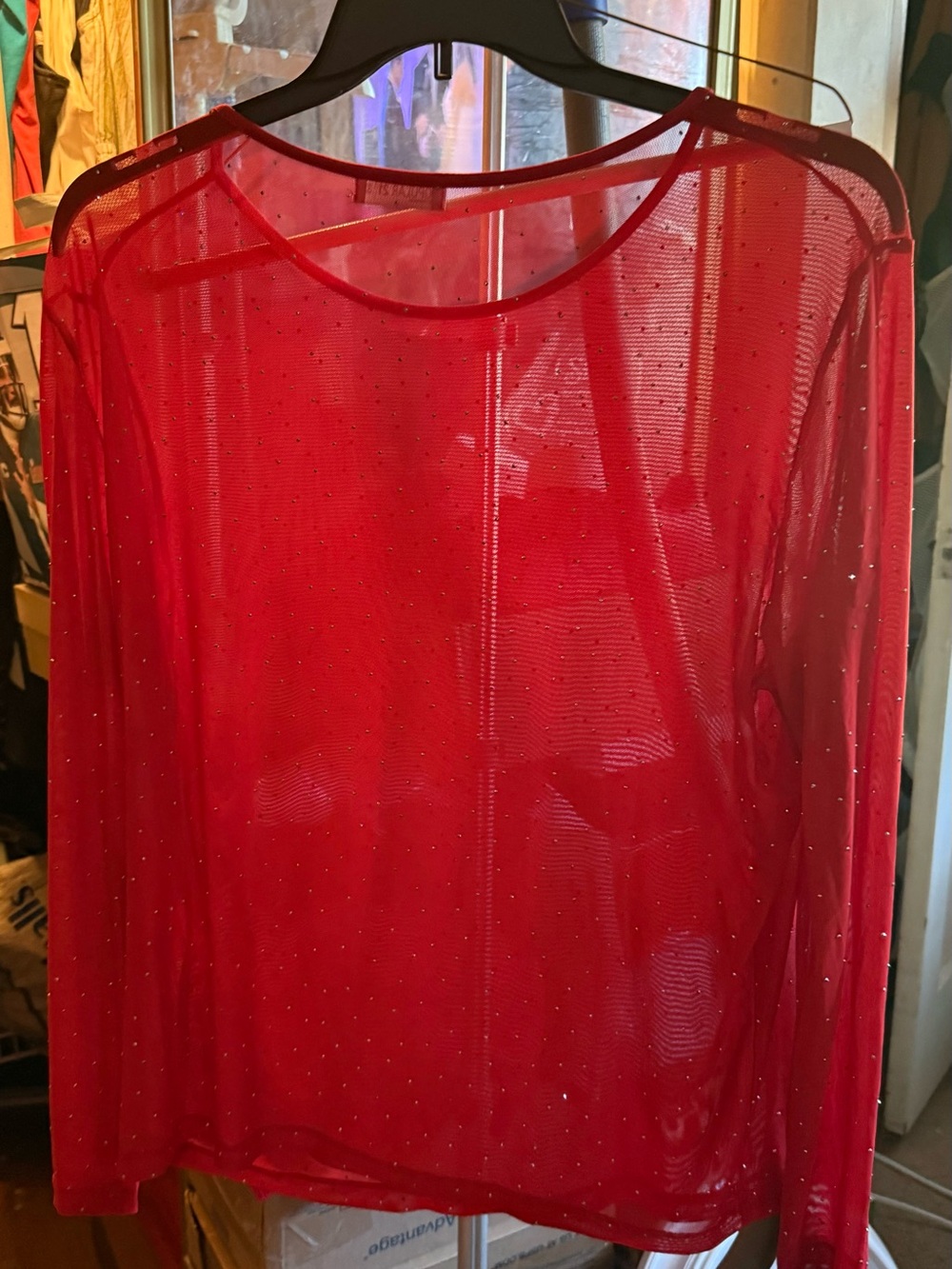 Red Sheer Long Sleeve Mesh Top with Sparkle